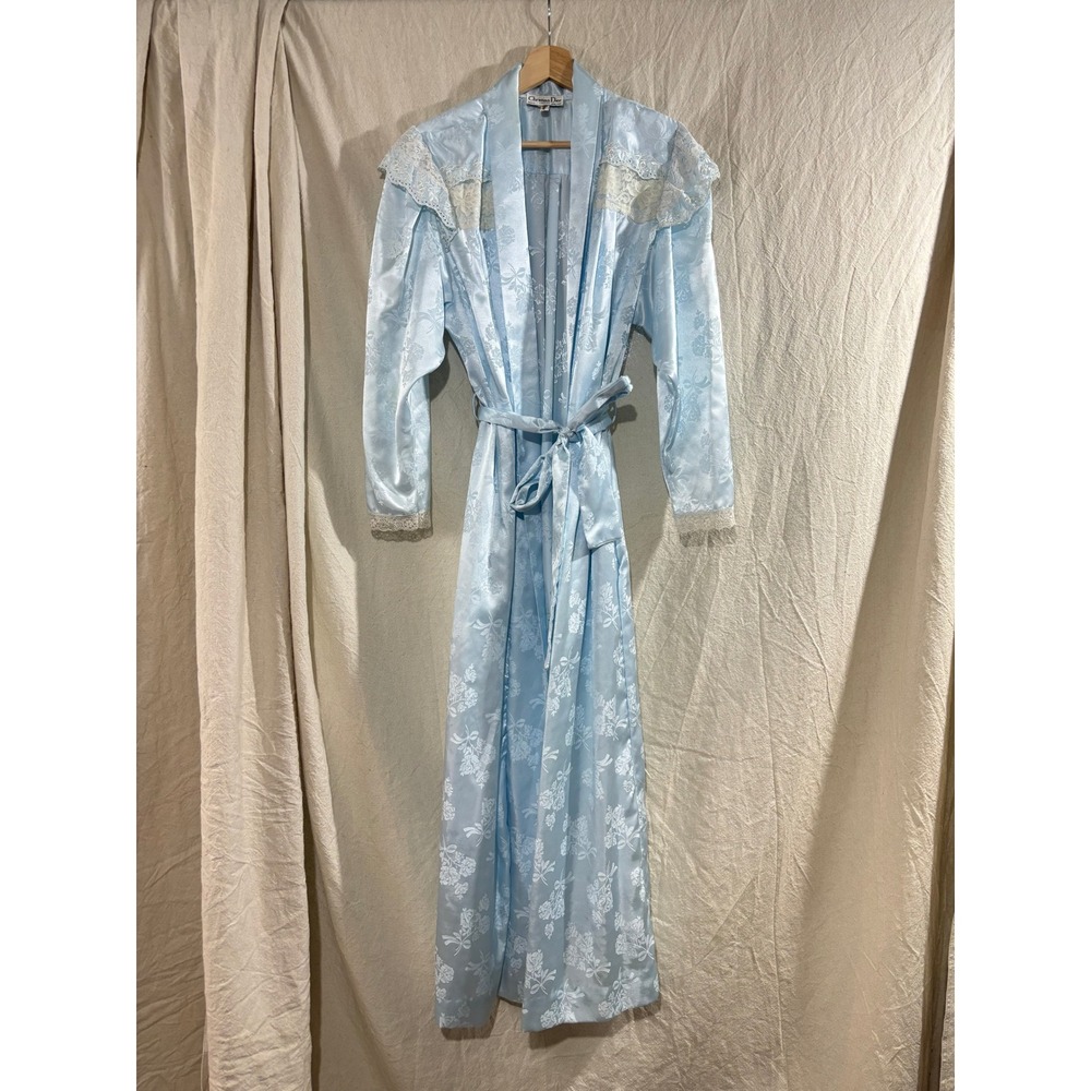 Vintage Christian Dior Robe 80s Blue Satin Floral Jacquard Lace Trim Long Wrap L